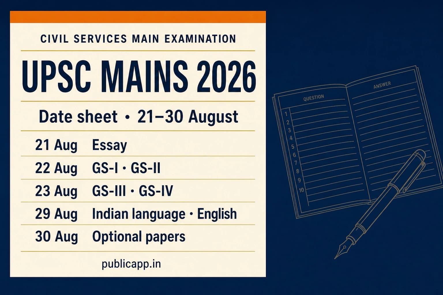 UPSC Mains 2026 date sheet, papers from 21 to 30 August