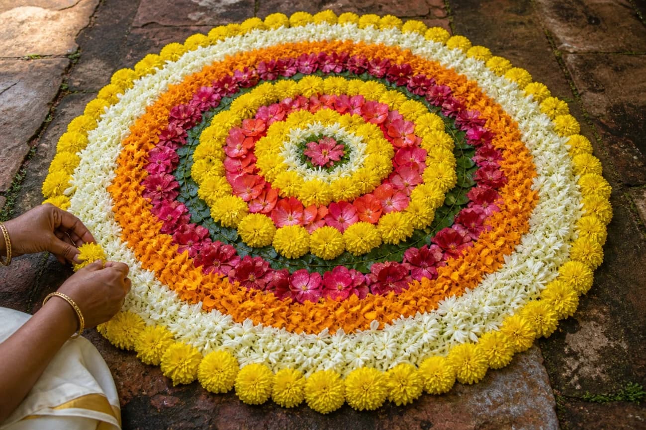 Onam 2026 pookkalam of yellow marigolds and jasmine on a Kerala courtyard, with hands placing flowers on Thiruvonam week